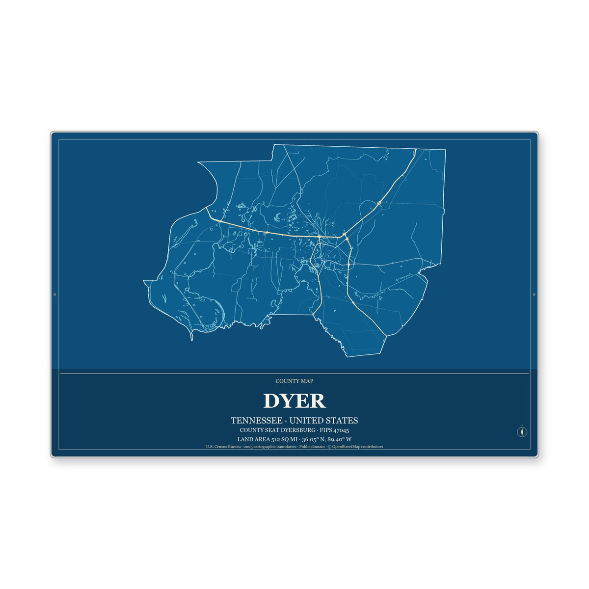 Dyer County, Tennessee Map Aluminum Sign in Harbor Cobalt style
