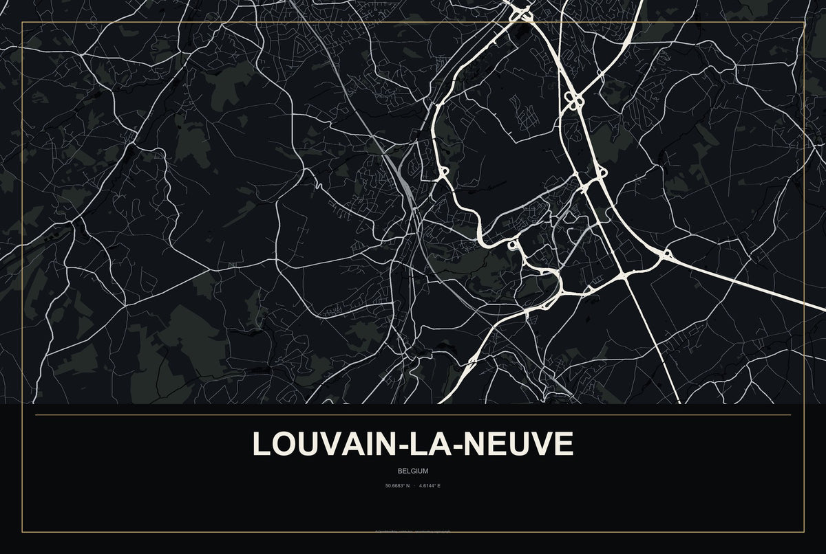 Louvain-la-Neuve, Belgium City Map Aluminum Sign in Metropolitan Noir style
