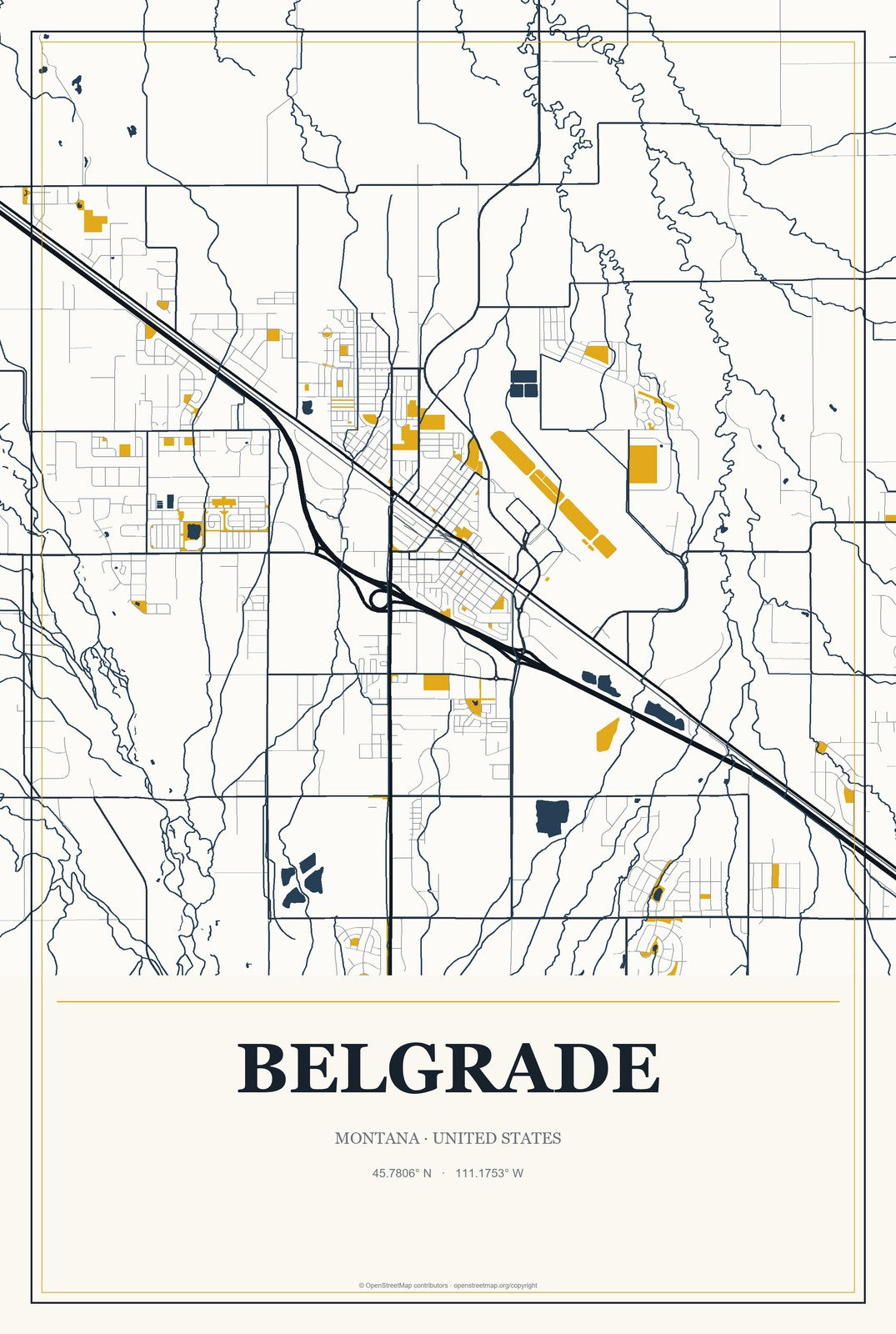 Belgrade, Montana City Map Aluminum Sign in Citrine Modern style
