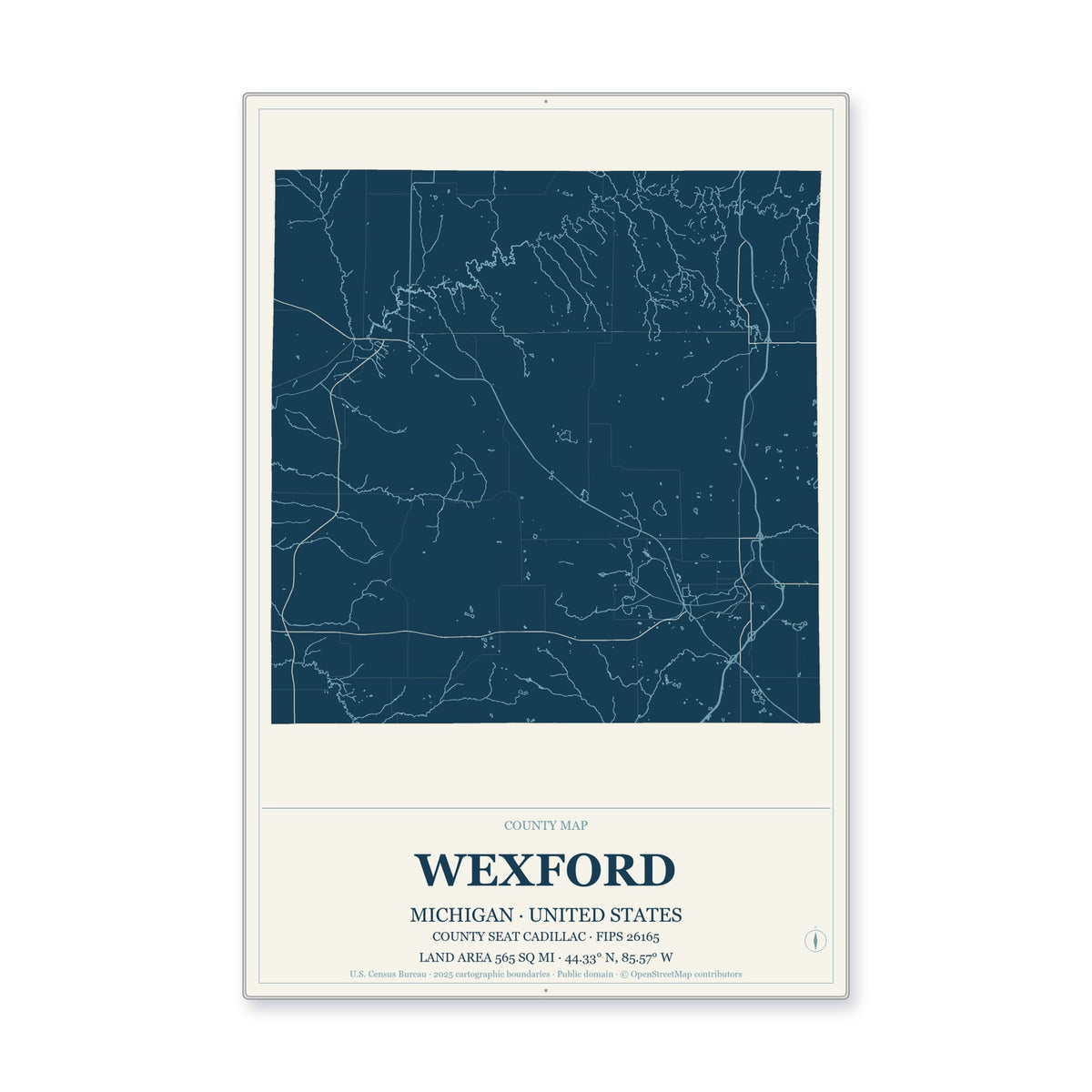 Wexford County, Michigan Map Aluminum Sign in Coastal Cutout style