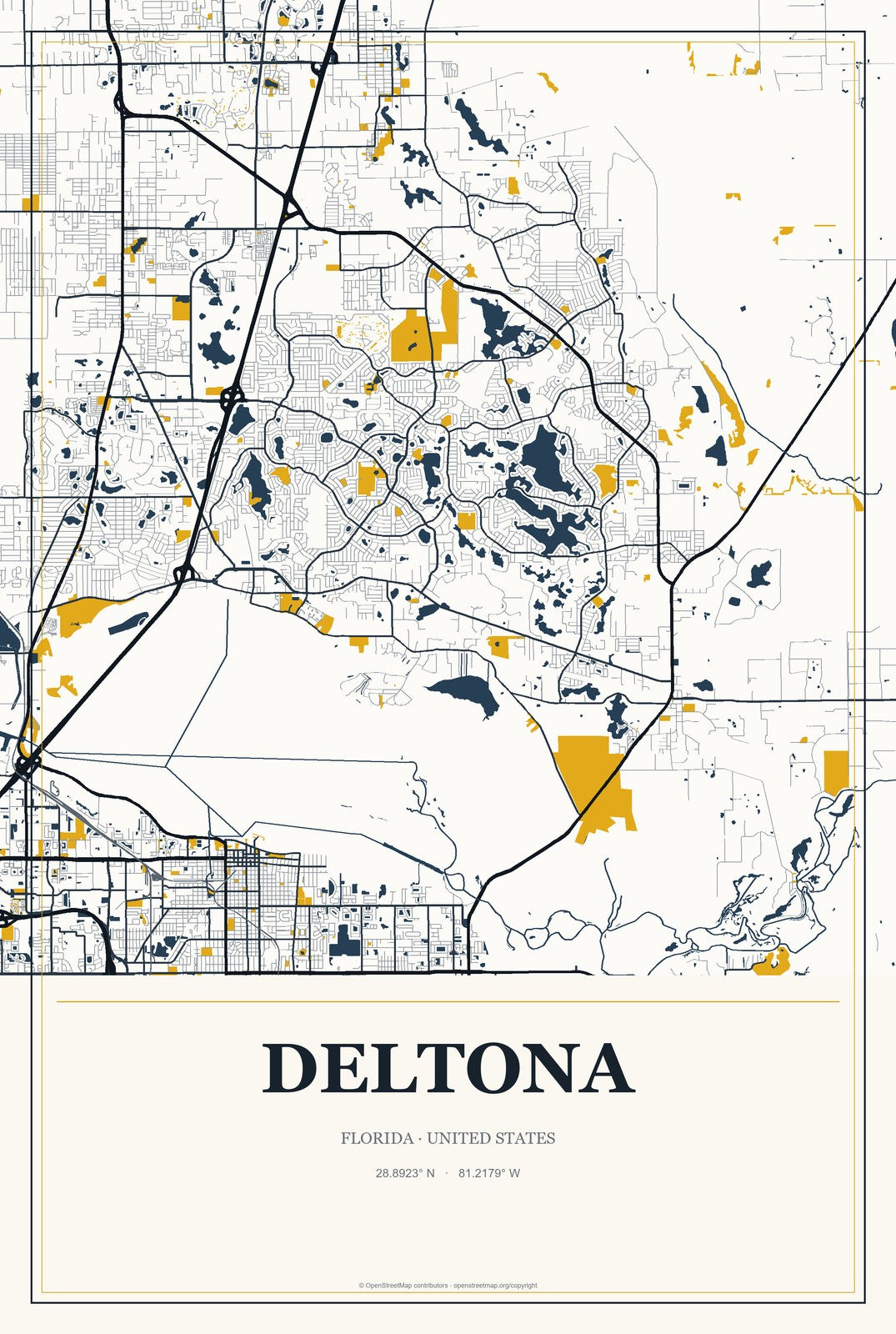 Deltona, Florida City Map Aluminum Sign in Citrine Modern style