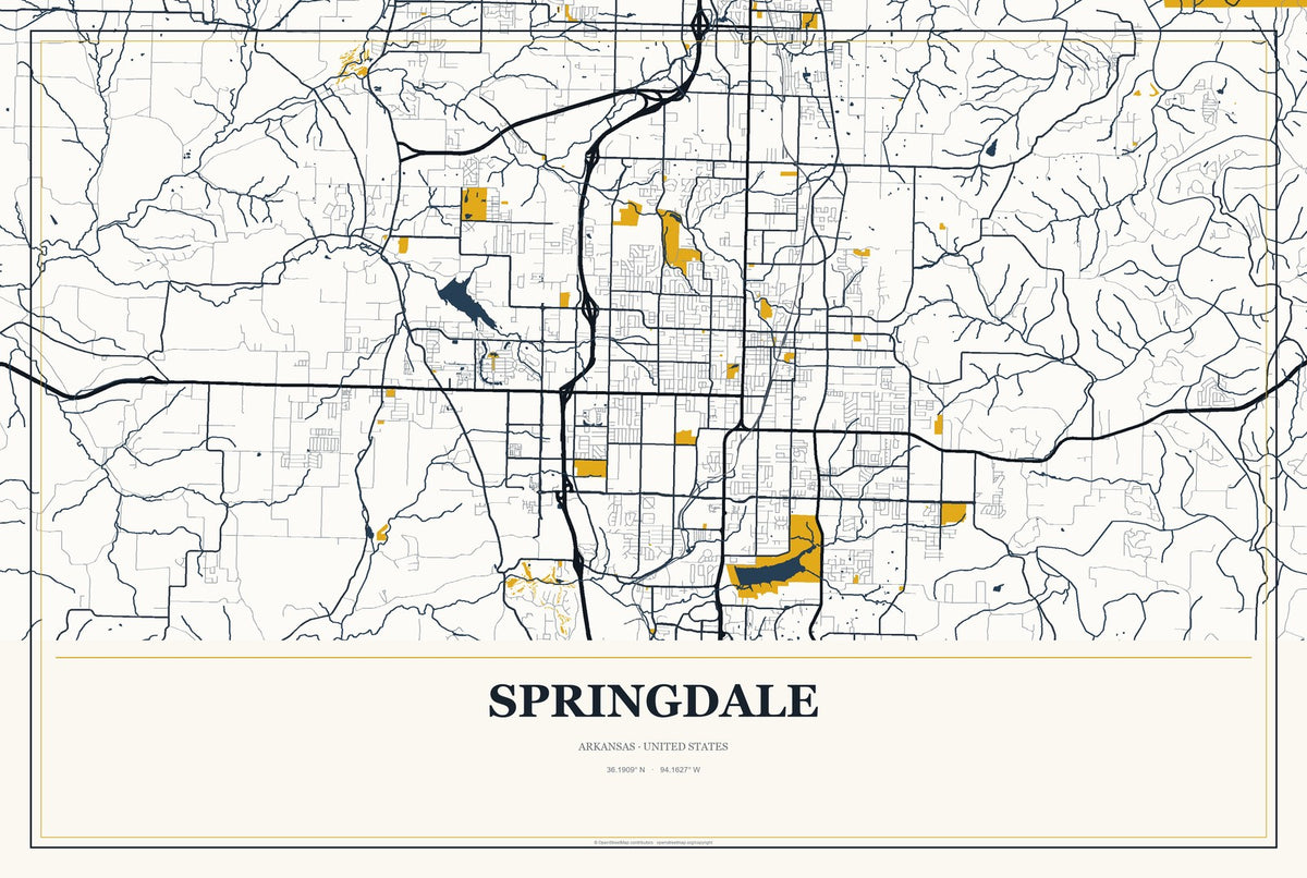Springdale, Arkansas City Map Aluminum Sign in Citrine Modern style