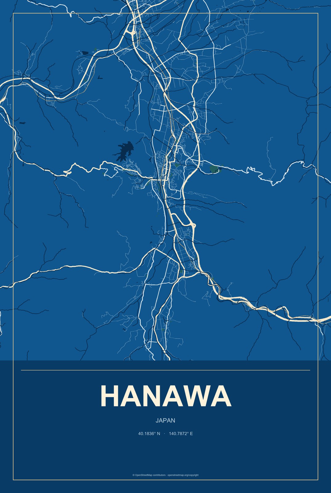 Hanawa, Japan City Map Aluminum Sign in Harbor Cobalt style