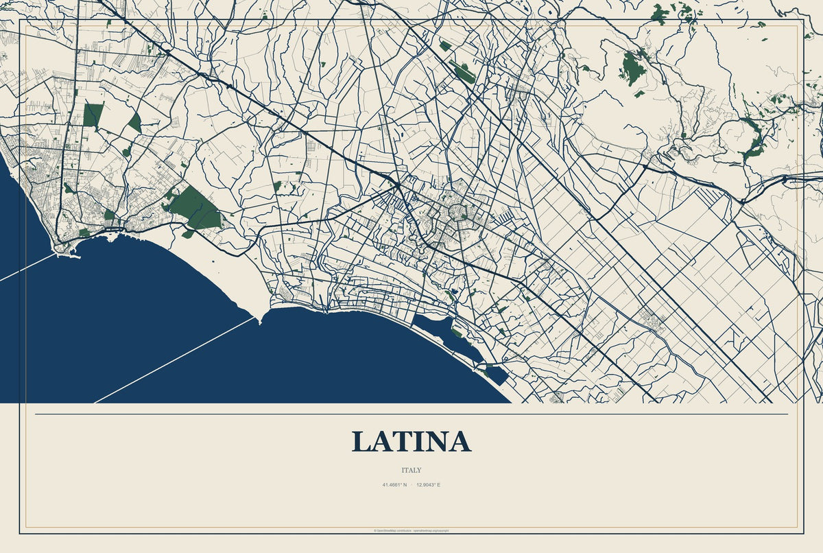 Latina, Italy City Map Aluminum Sign in Coastal Cutout style