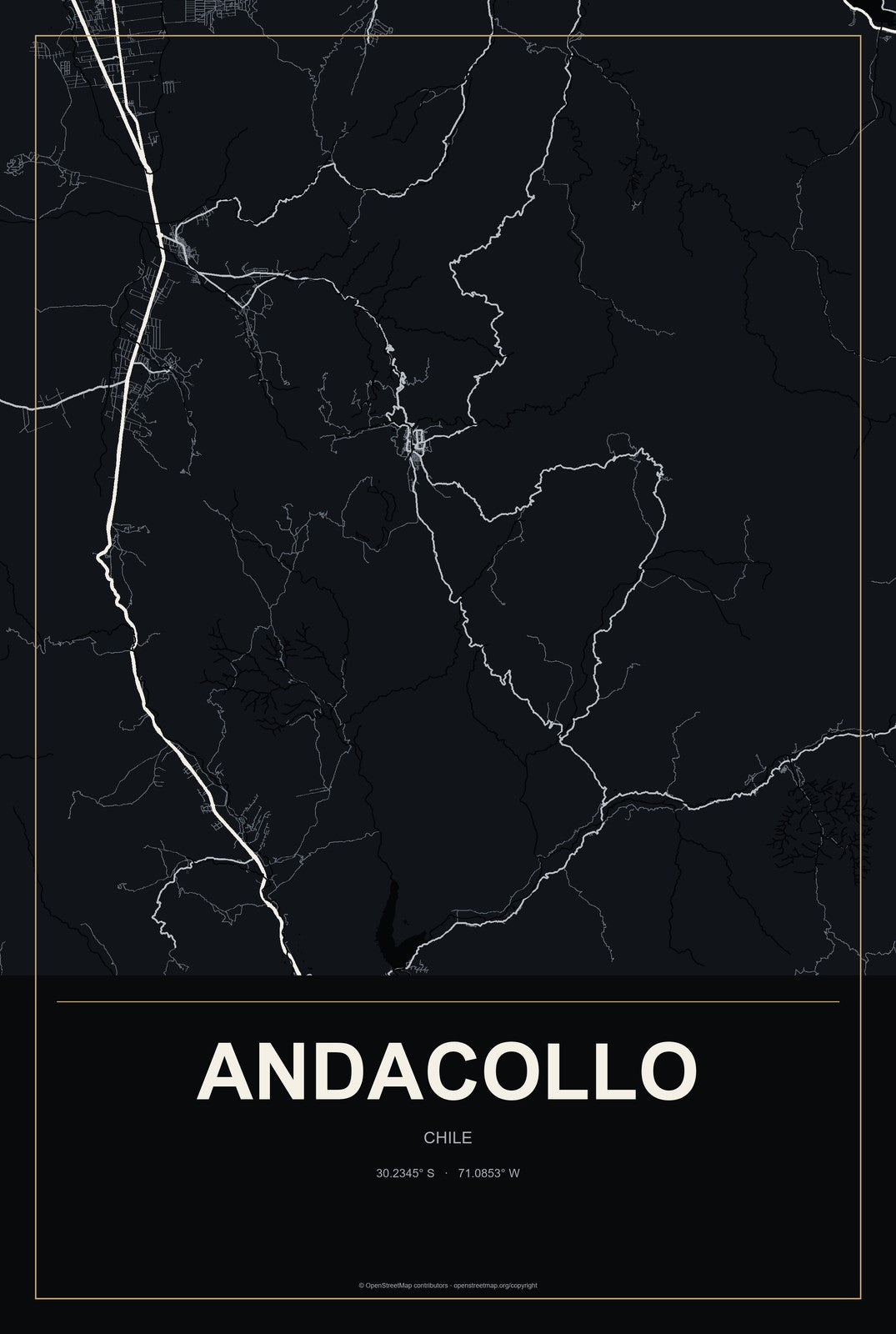 Andacollo, Chile City Map Aluminum Sign in Metropolitan Noir style