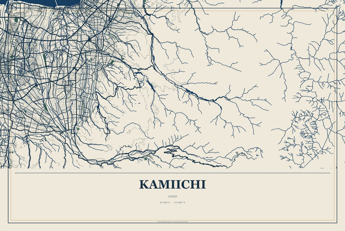 Kamiichi, Japan City Map Aluminum Sign in Coastal Cutout style