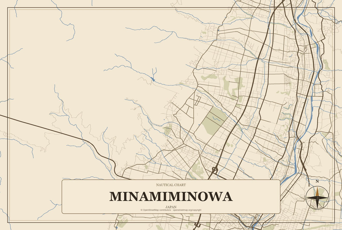 Minamiminowa, Japan City Map Aluminum Sign in Heritage Nautical style