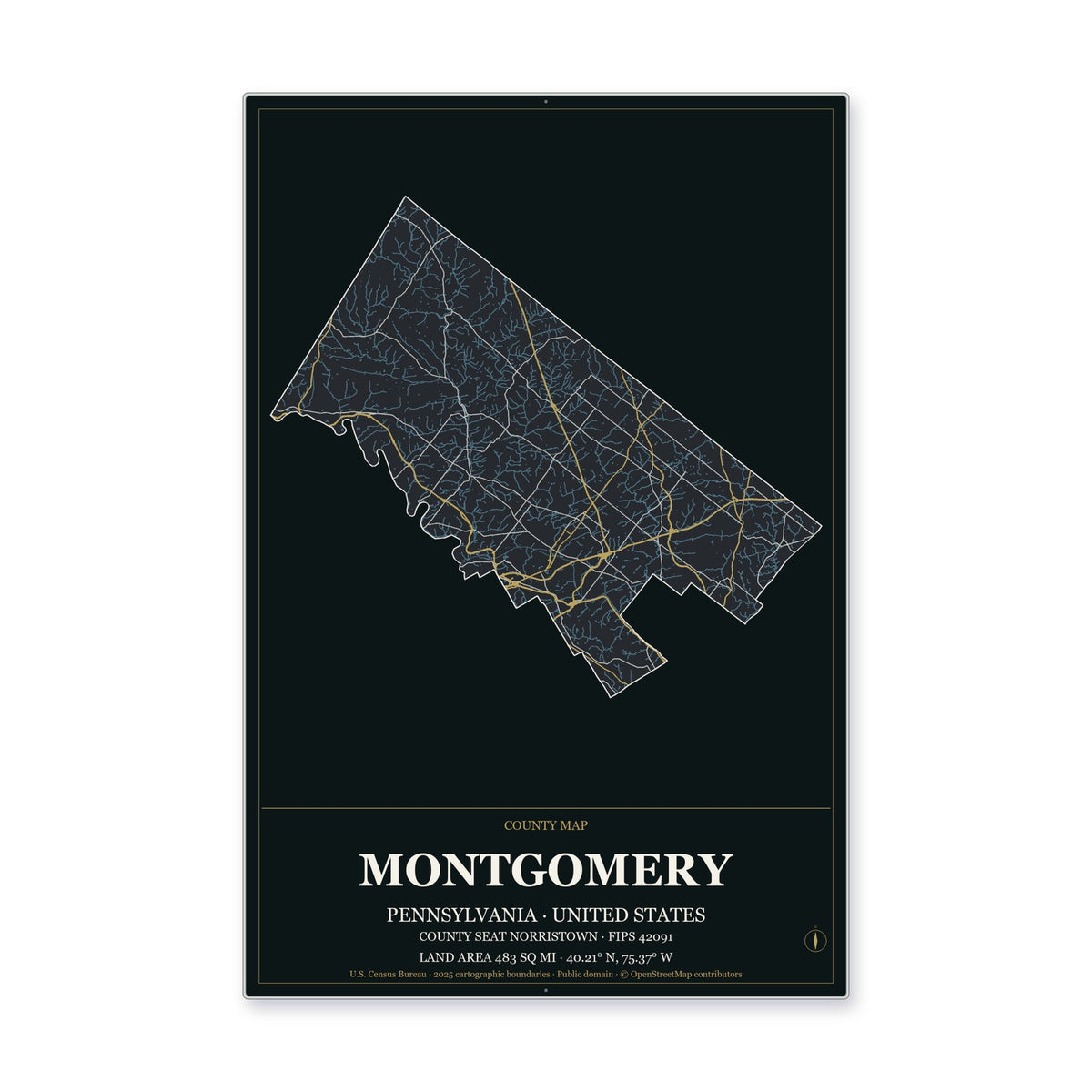 Montgomery County, Pennsylvania Map Aluminum Sign in Metropolitan Noir style