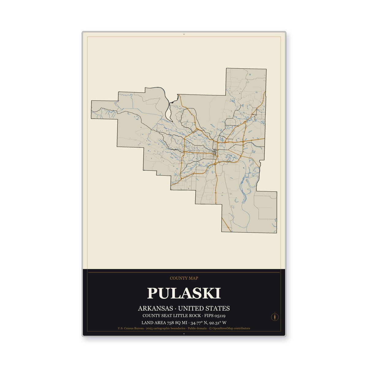 Pulaski County, Arkansas Map Aluminum Sign in Museum Plaque style