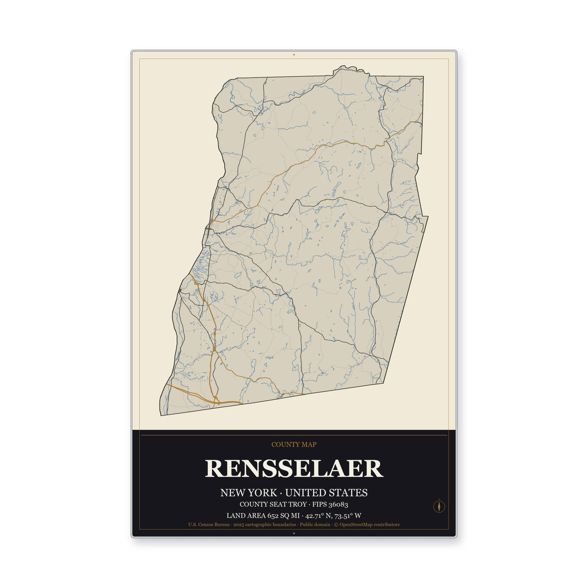Rensselaer County, New York Map Aluminum Sign in Museum Plaque style