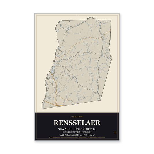 Rensselaer County, New York Map Aluminum Sign in Museum Plaque style