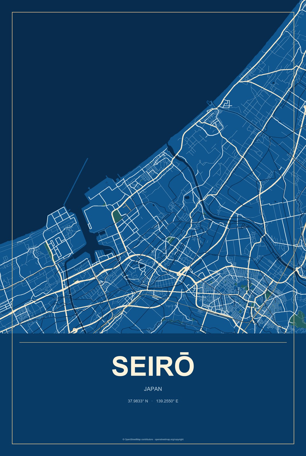 Seirō, Japan City Map Aluminum Sign in Harbor Cobalt style