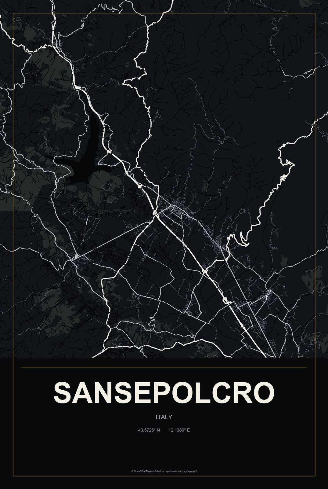 Sansepolcro, Italy City Map Aluminum Sign in Metropolitan Noir style