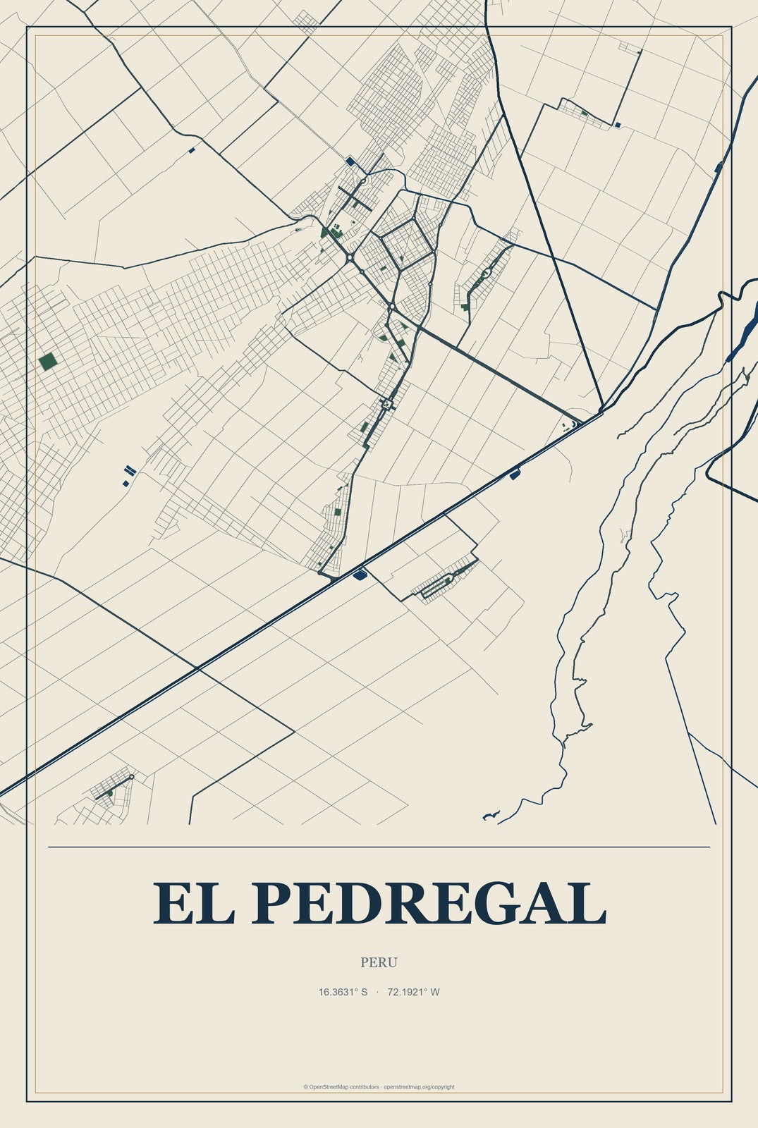El Pedregal, Peru City Map Aluminum Sign in Coastal Cutout style