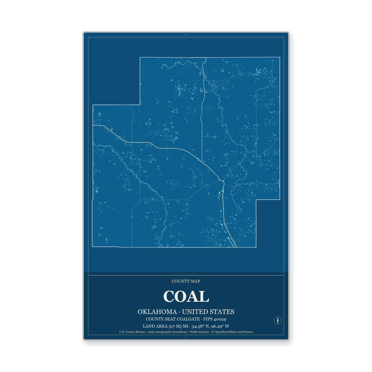 Coal County, Oklahoma Map Aluminum Sign in Harbor Cobalt style