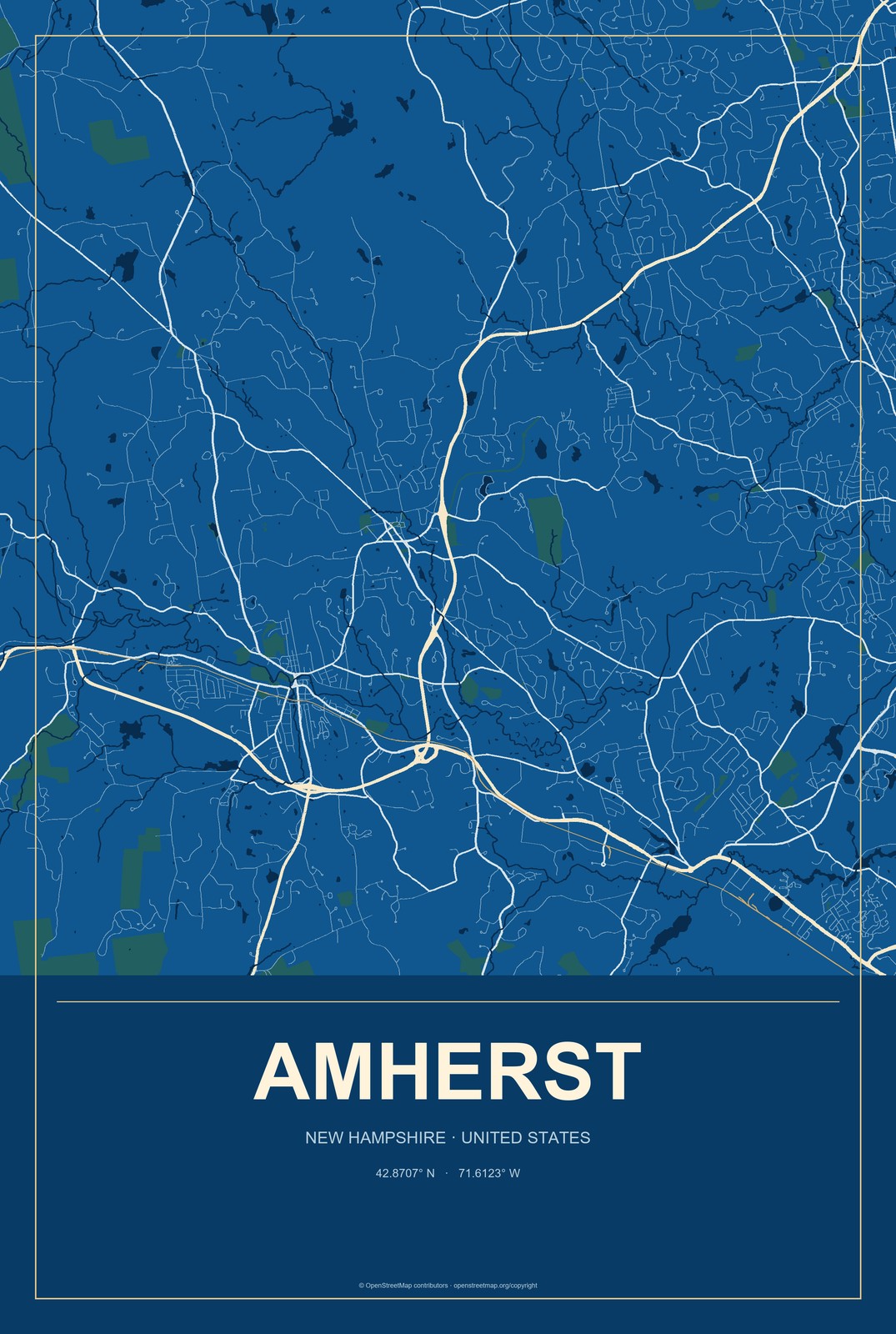 Amherst, New Hampshire City Map Aluminum Sign in Harbor Cobalt style