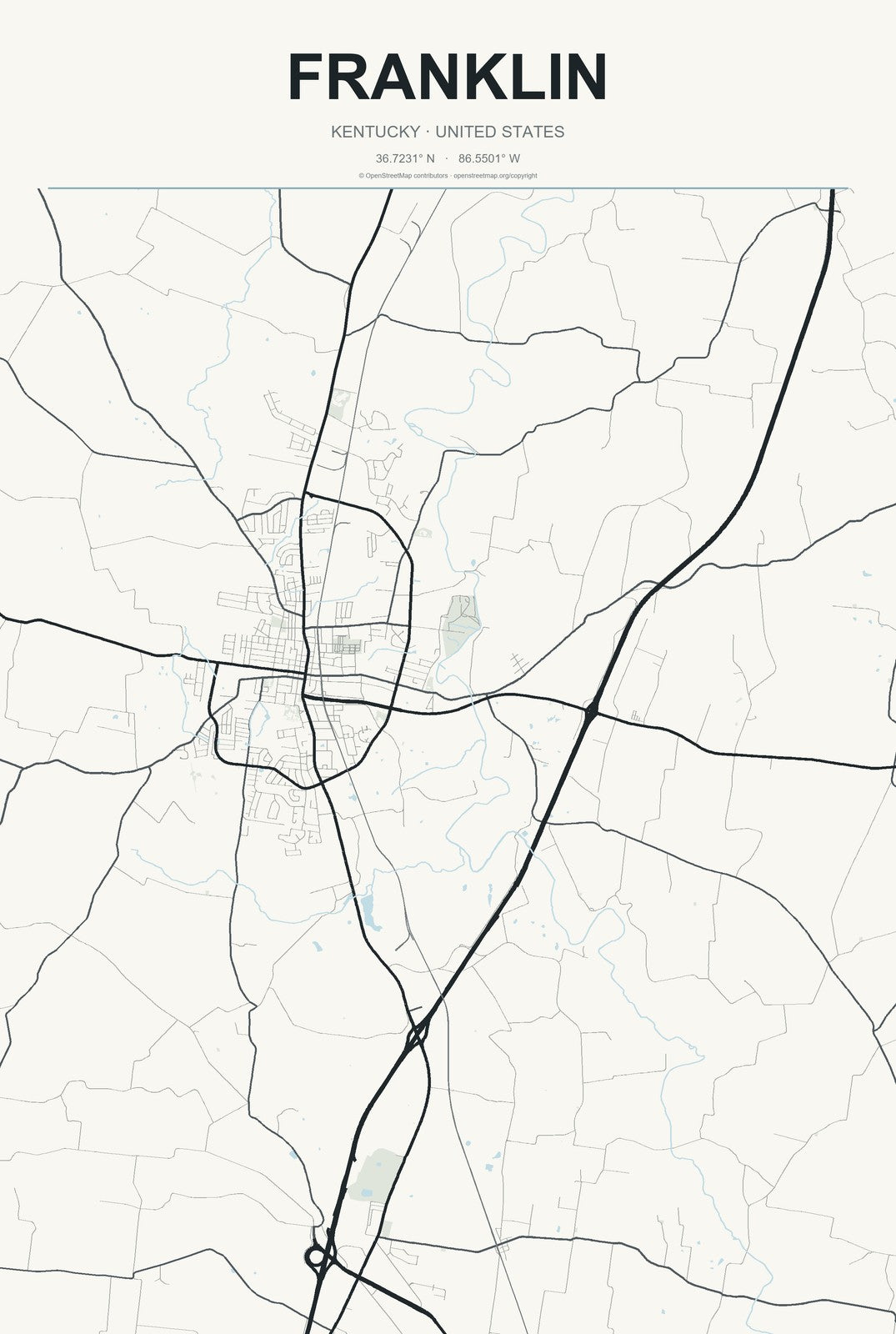 Franklin, Kentucky City Map Aluminum Sign in Headline Atlas style