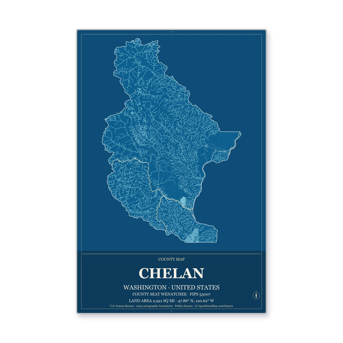 Chelan County, Washington Map Aluminum Sign in Harbor Cobalt style