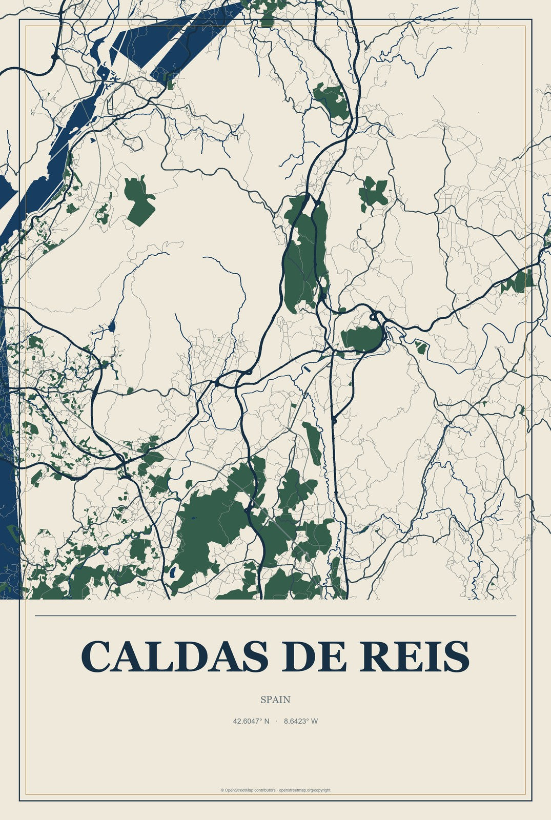 Caldas de Reis, Spain City Map Aluminum Sign in Coastal Cutout style