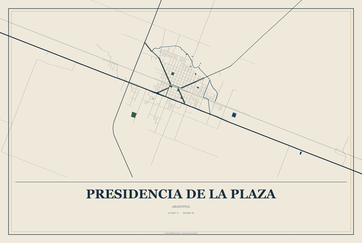 Presidencia de la Plaza, Argentina City Map Aluminum Sign in Coastal Cutout style