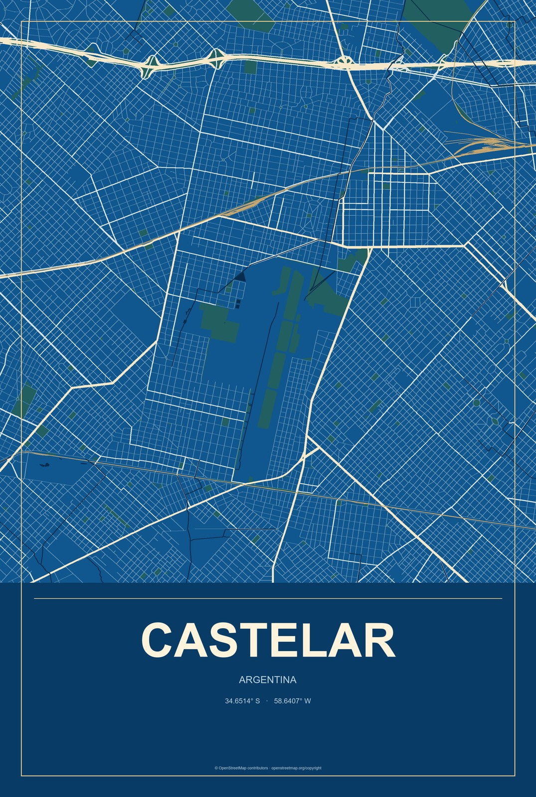 Castelar, Argentina City Map Aluminum Sign in Harbor Cobalt style
