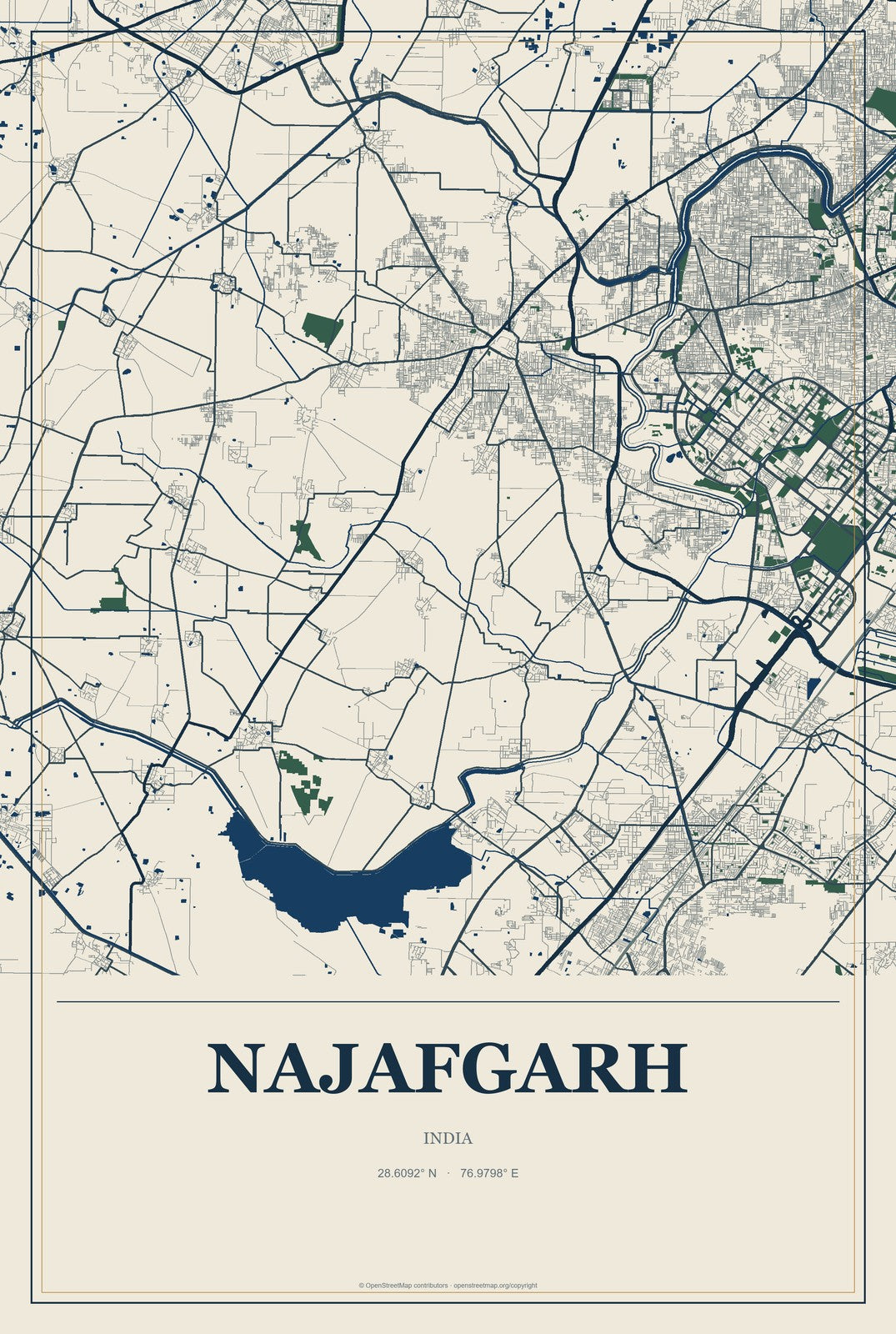 Najafgarh, India City Map Aluminum Sign in Coastal Cutout style