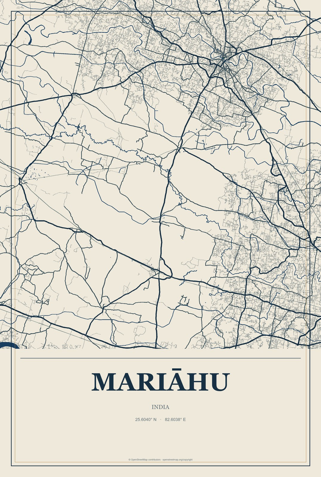 Mariāhu, India City Map Aluminum Sign in Coastal Cutout style