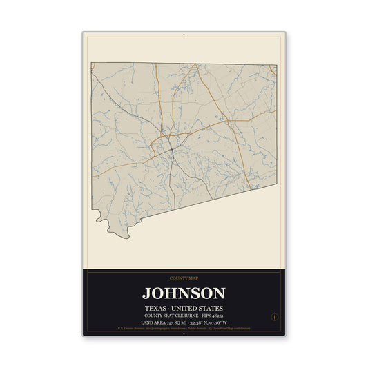Johnson County, Texas Map Aluminum Sign in Museum Plaque style