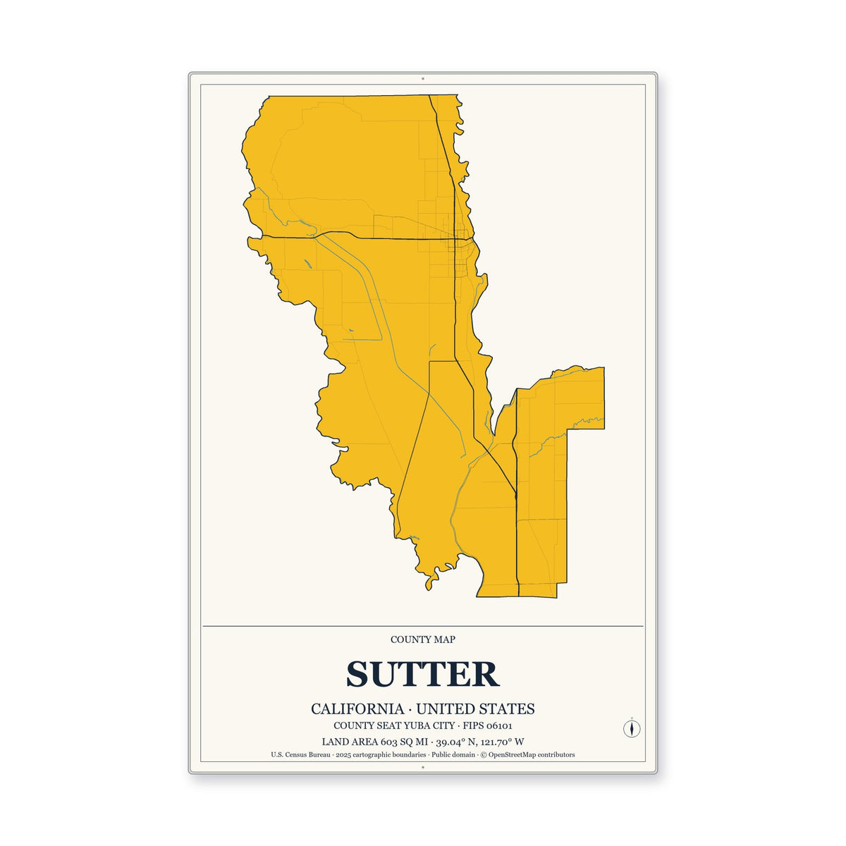 Sutter County, California Map Aluminum Sign in Citrine Modern style