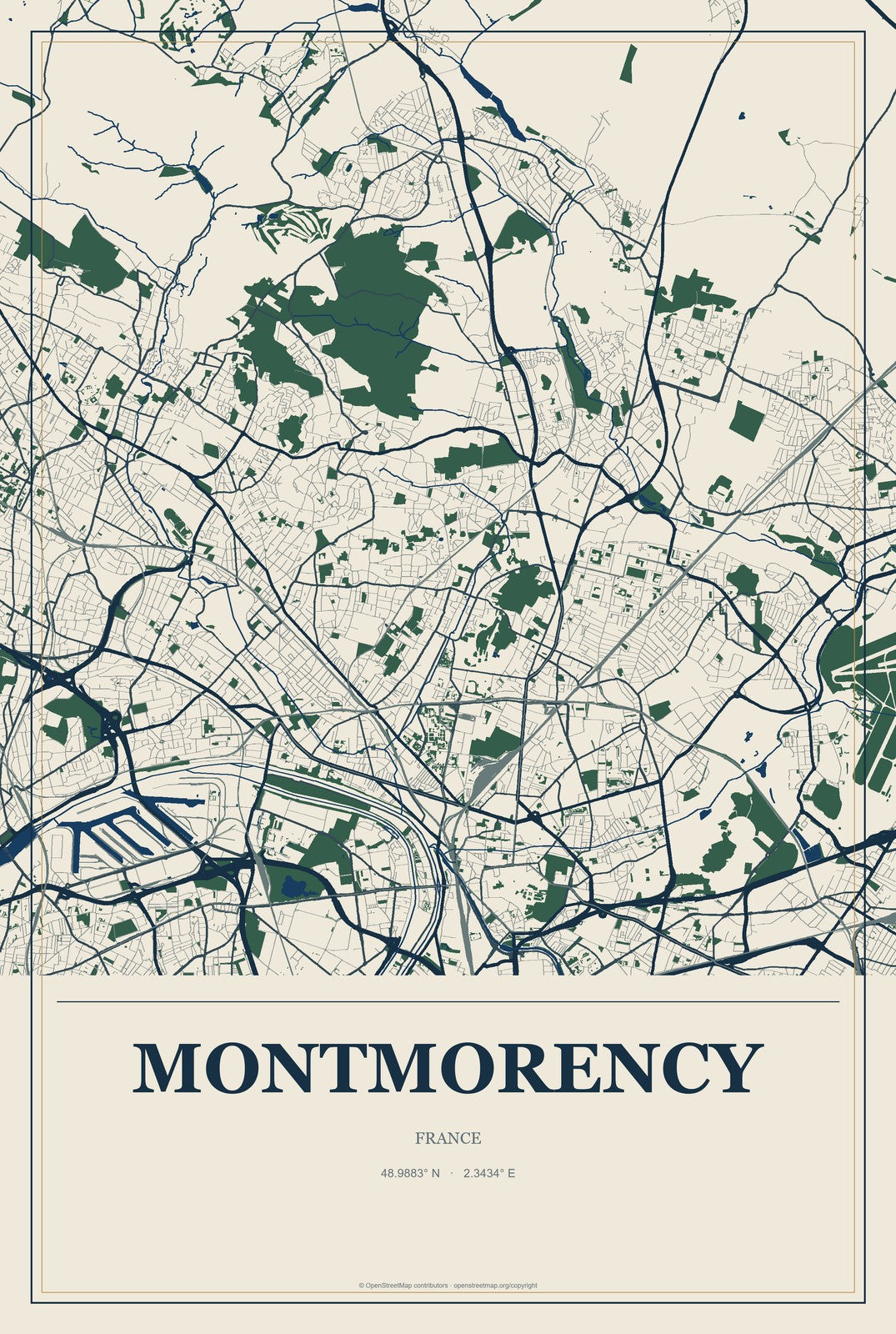 Montmorency, France City Map Aluminum Sign in Coastal Cutout style