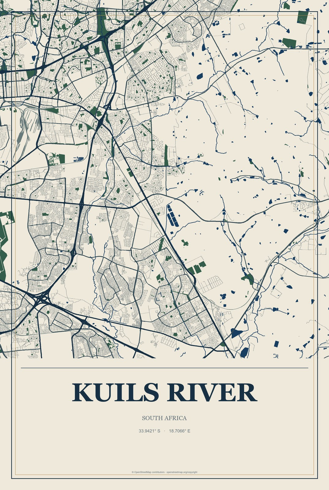 Kuils River, South Africa City Map Aluminum Sign in Coastal Cutout style
