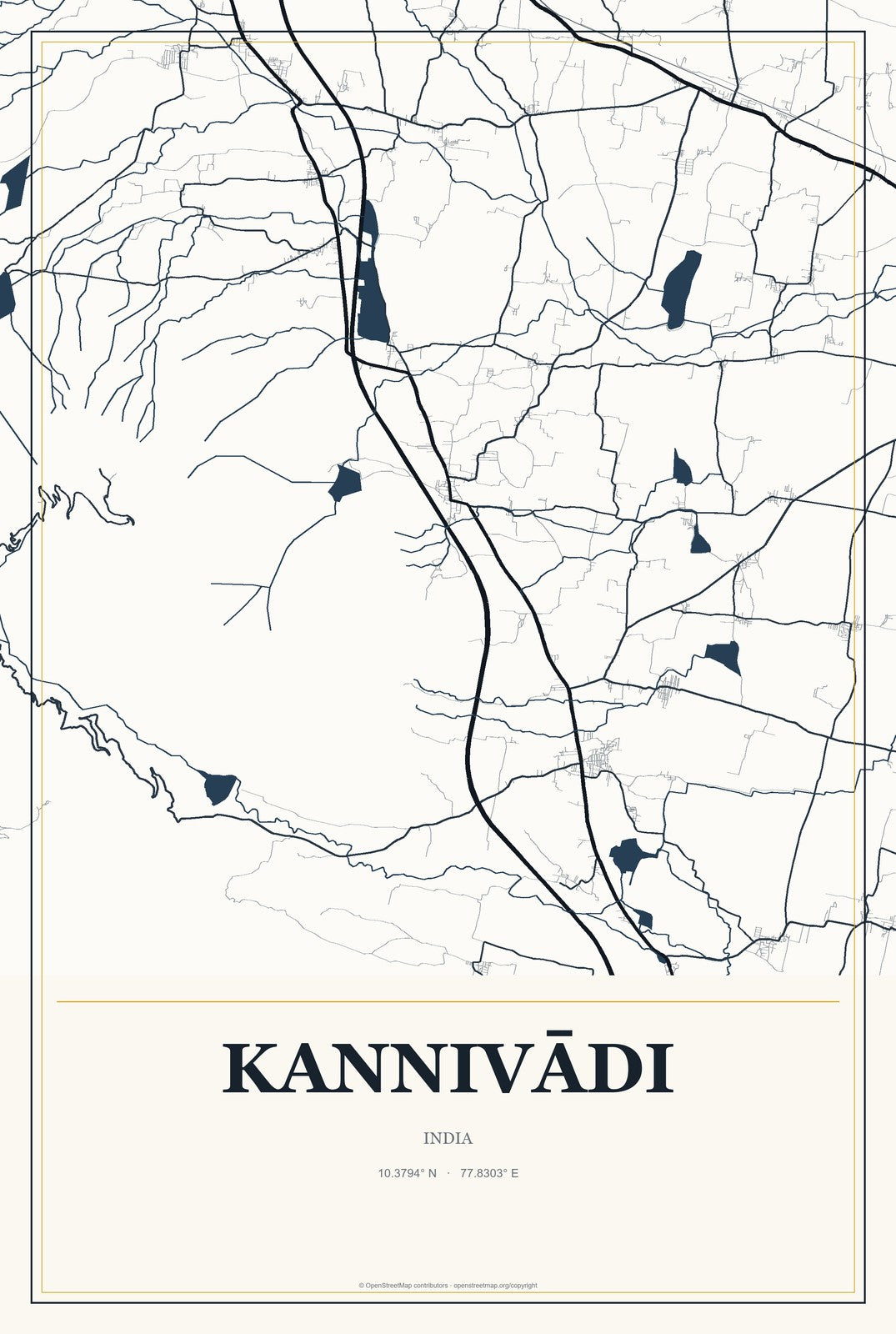Kannivādi, India City Map Aluminum Sign in Citrine Modern style