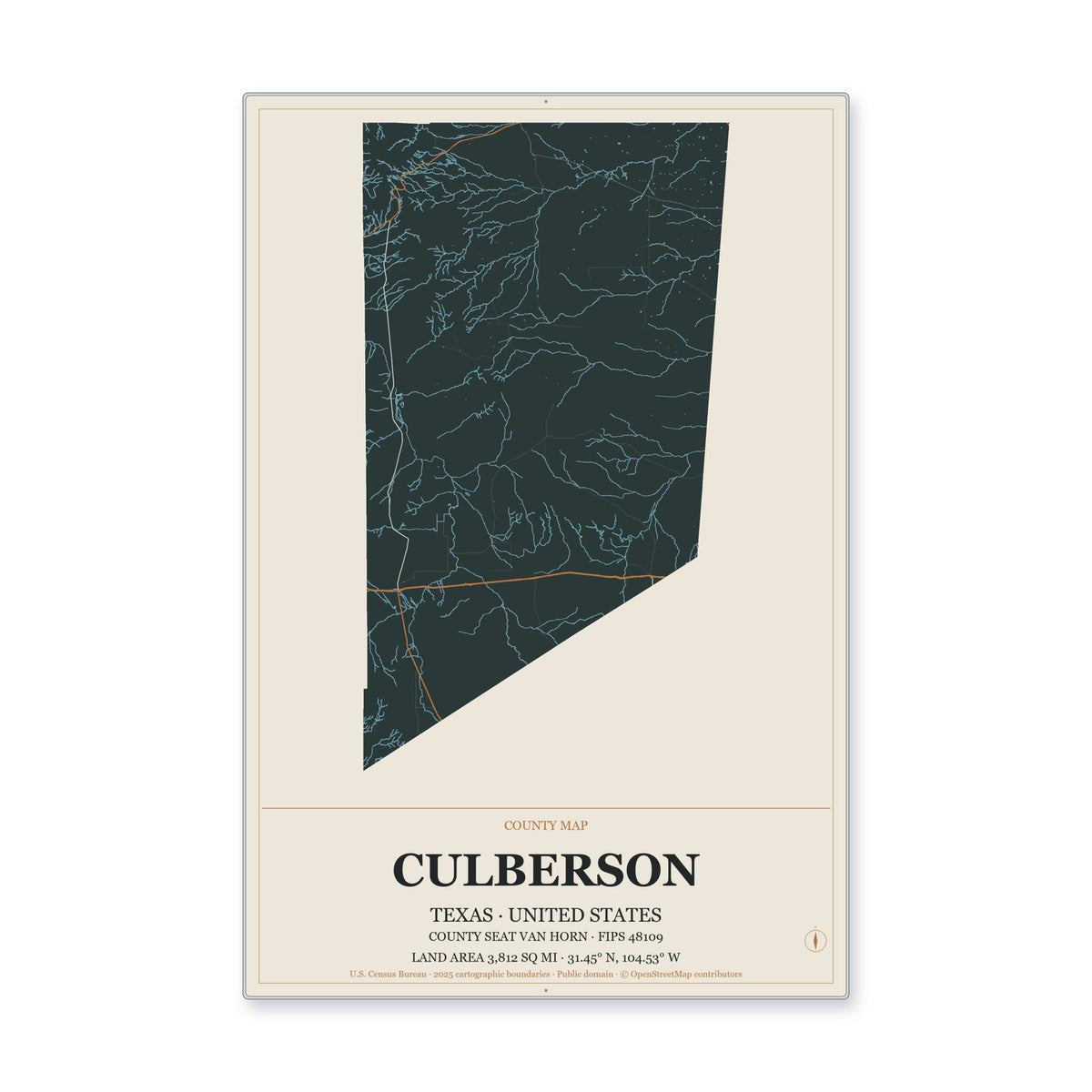 Culberson County, Texas Map Aluminum Sign in Headline Atlas style