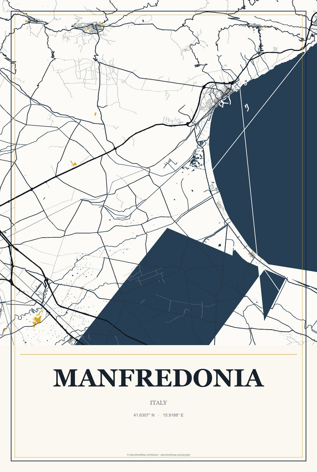 Manfredonia, Italy City Map Aluminum Sign in Citrine Modern style