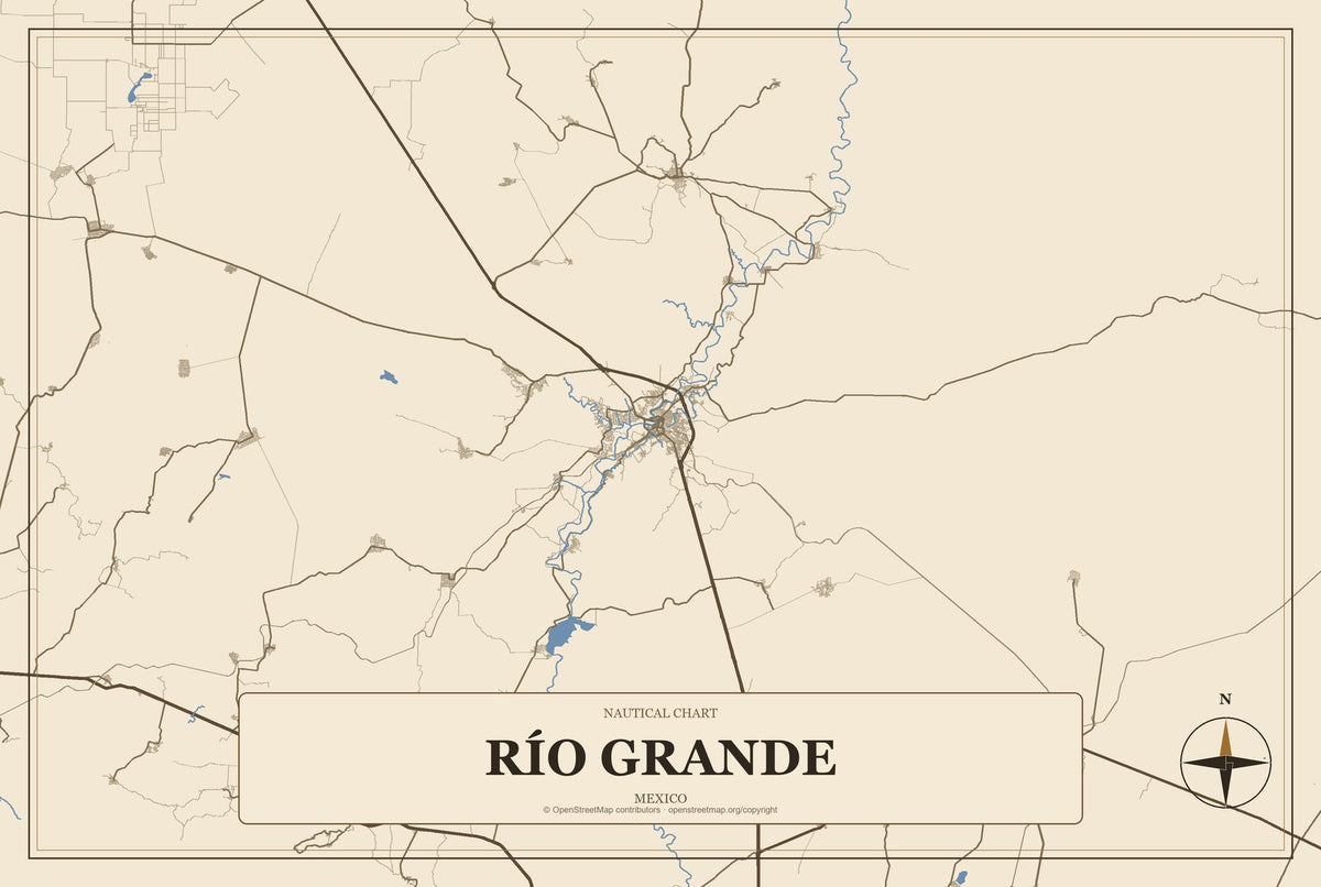 Río Grande, Zacatecas, Mexico City Map Aluminum Sign in Heritage Nautical style