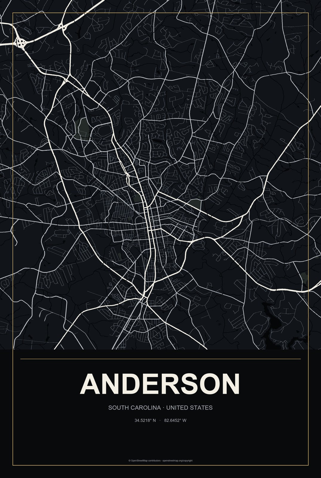 Anderson, South Carolina City Map Aluminum Sign in Metropolitan Noir style
