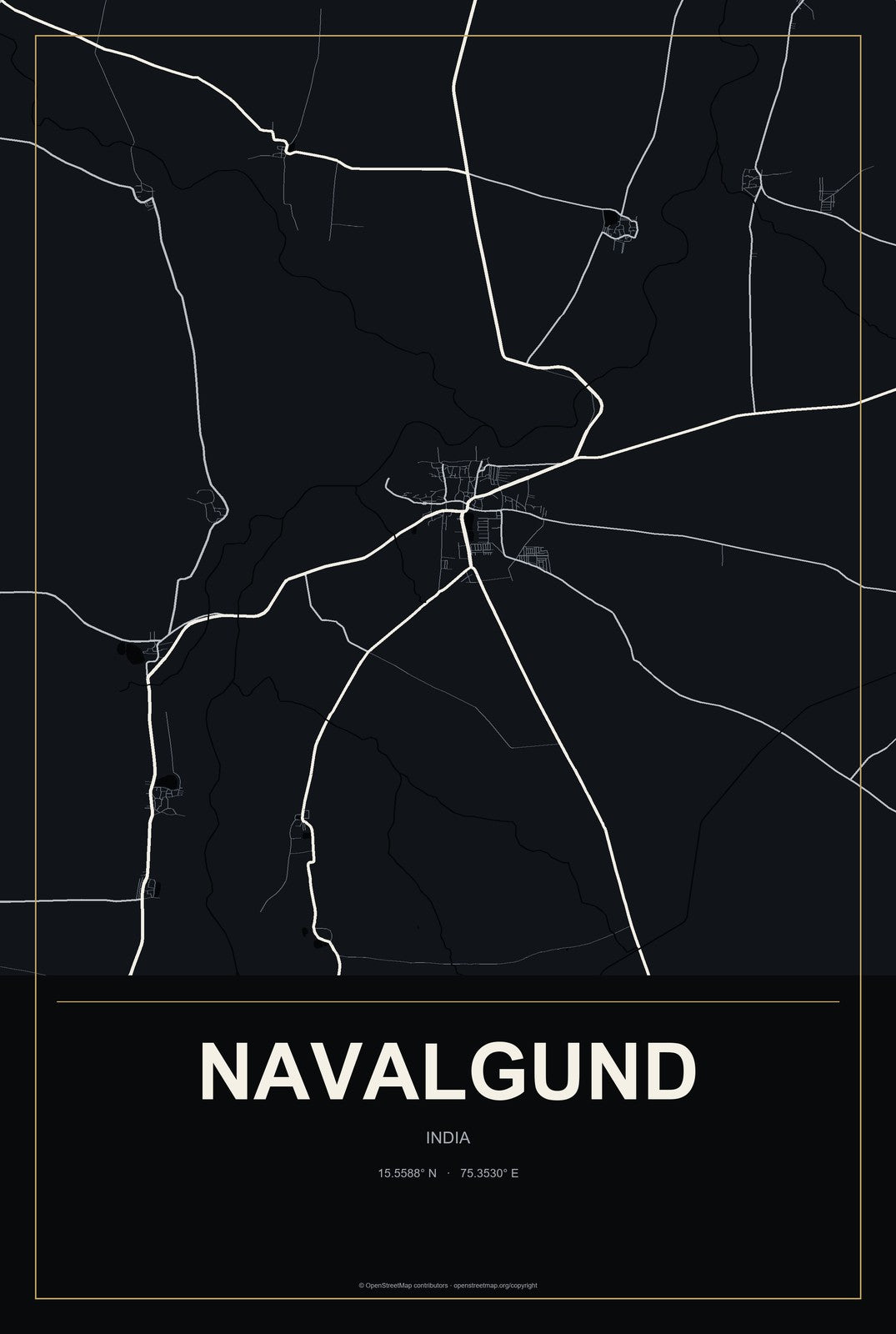 Navalgund, India City Map Aluminum Sign in Metropolitan Noir style