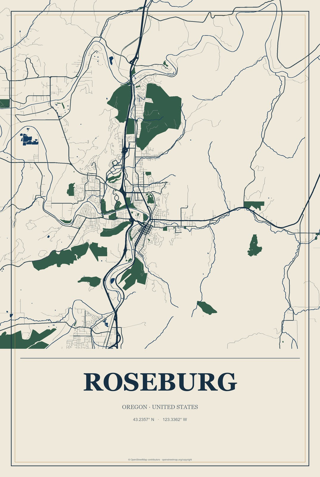 Roseburg, Oregon City Map Aluminum Sign in Coastal Cutout style
