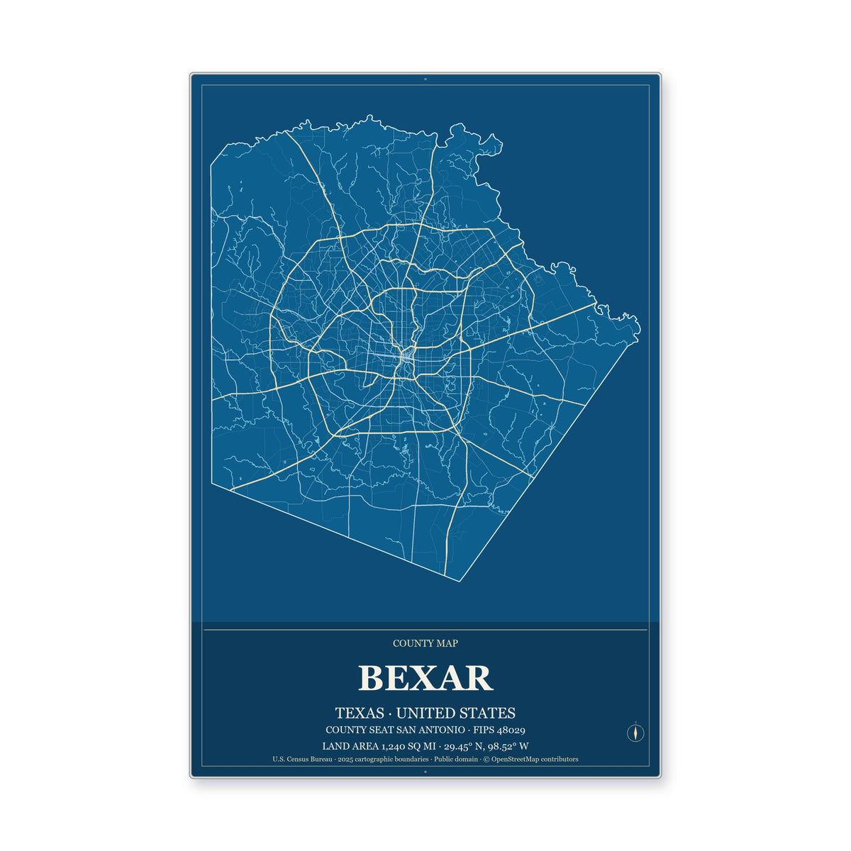 Bexar County, Texas Map Aluminum Sign in Harbor Cobalt style