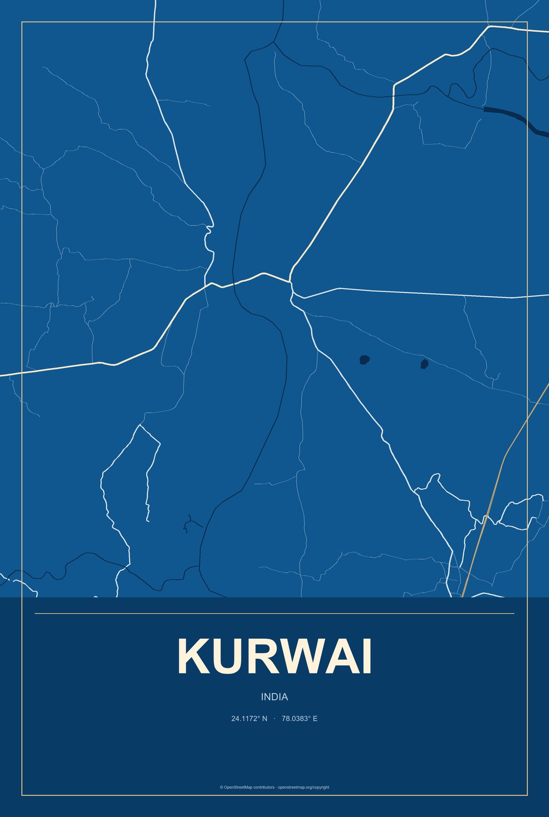 Kurwai, India City Map Aluminum Sign in Harbor Cobalt style