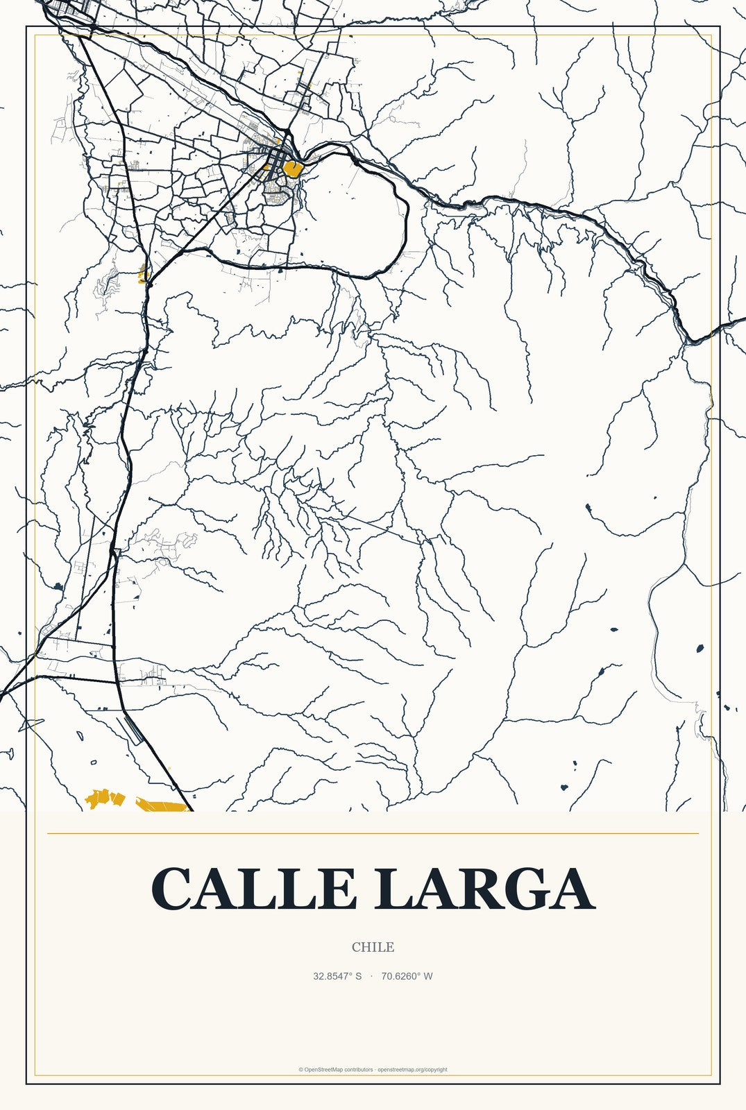 Calle Larga, Chile City Map Aluminum Sign in Citrine Modern style