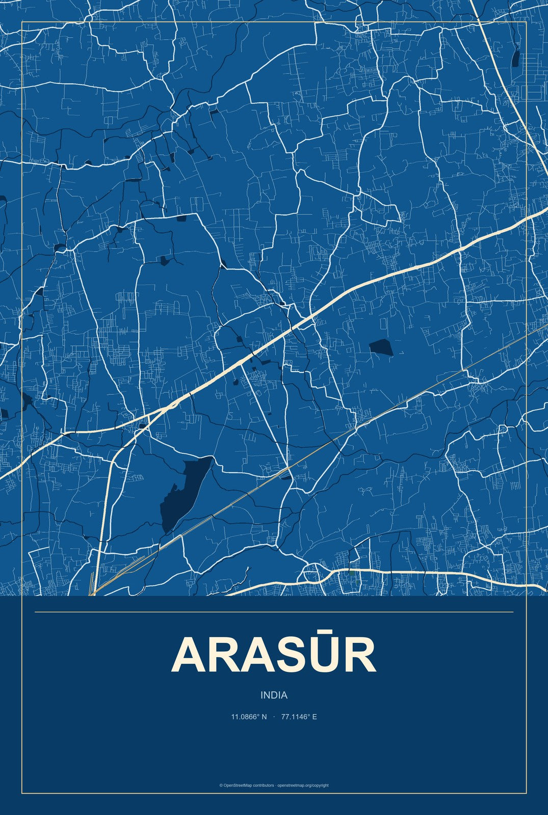Arasūr, India City Map Aluminum Sign in Harbor Cobalt style