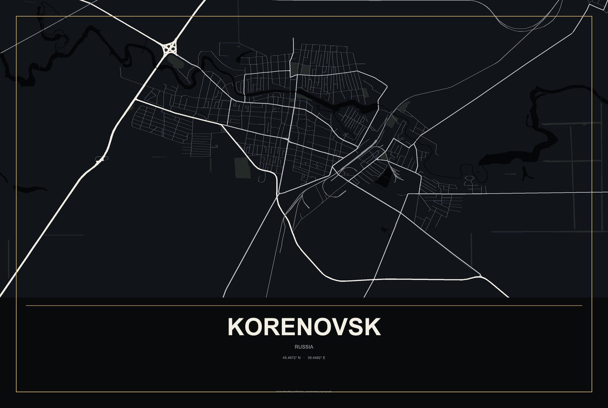 Korenovsk, Russia City Map Aluminum Sign in Metropolitan Noir style
