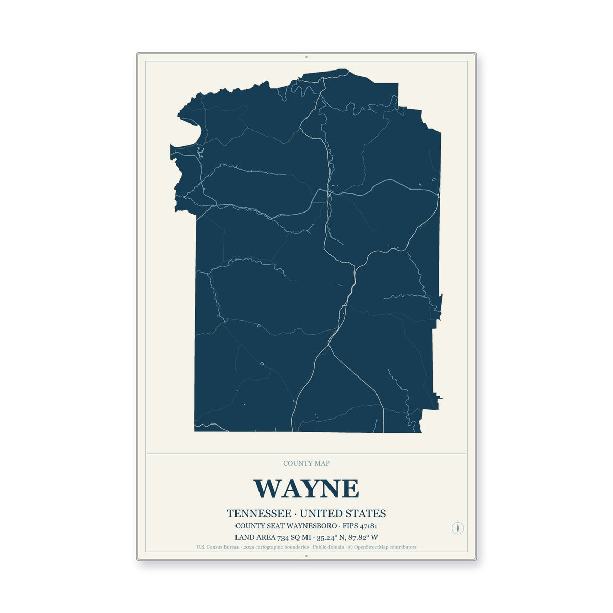 Wayne County, Tennessee Map Aluminum Sign in Coastal Cutout style