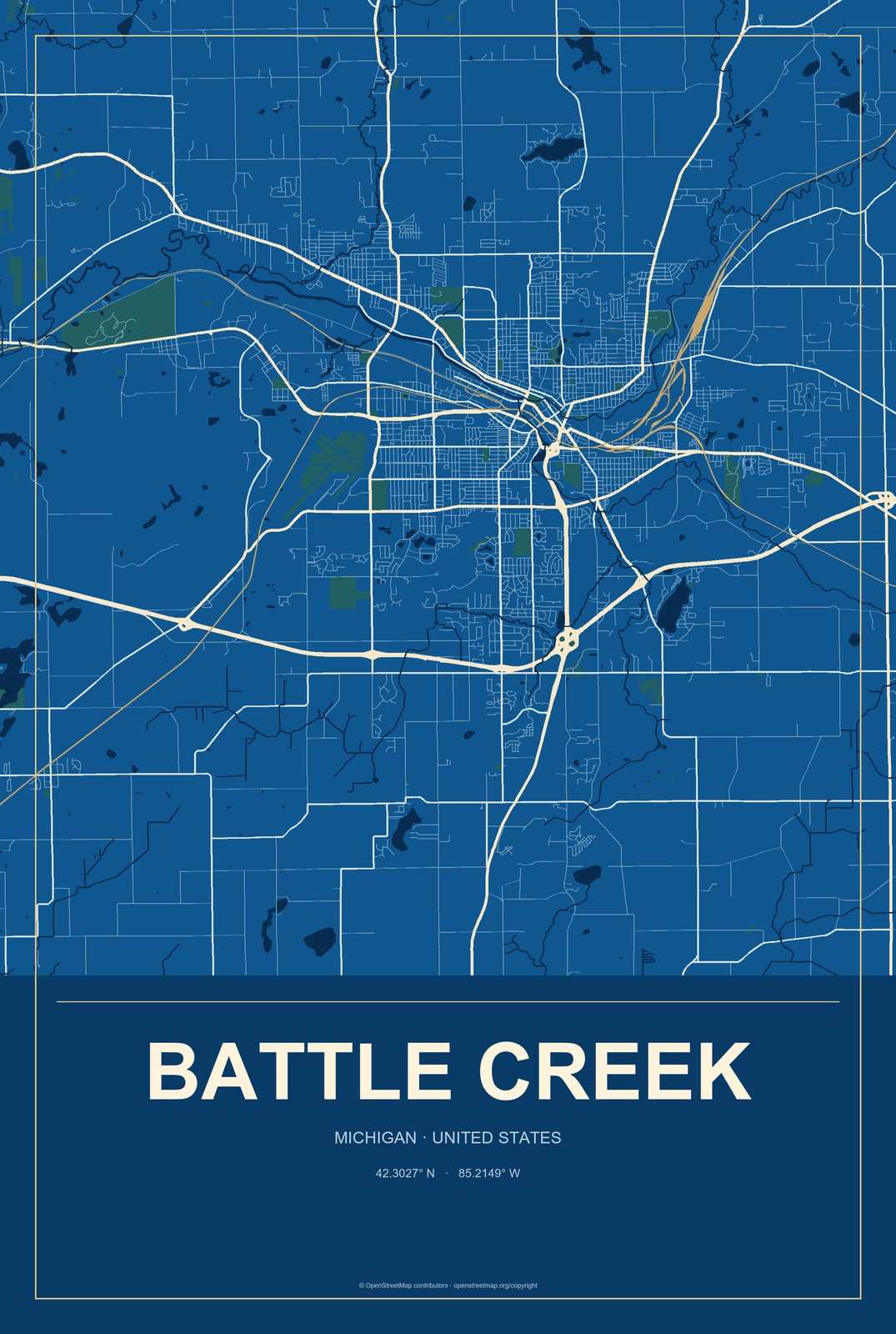 Battle Creek, Michigan City Map Aluminum Sign in Harbor Cobalt style