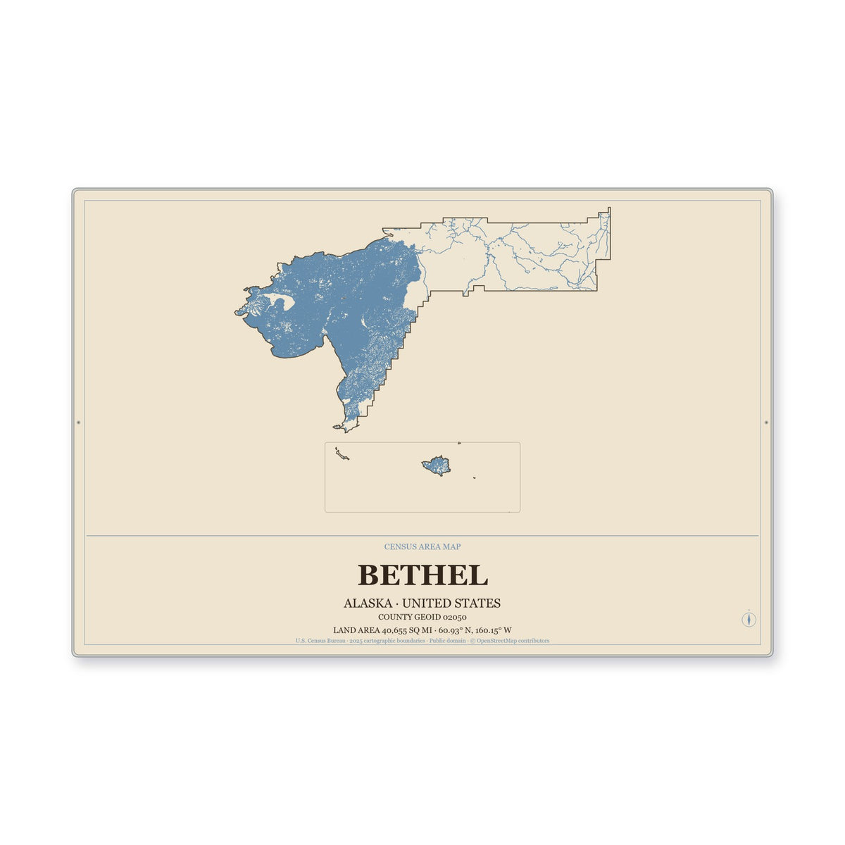 Bethel Census Area, Alaska Map Aluminum Sign in Heritage Nautical style