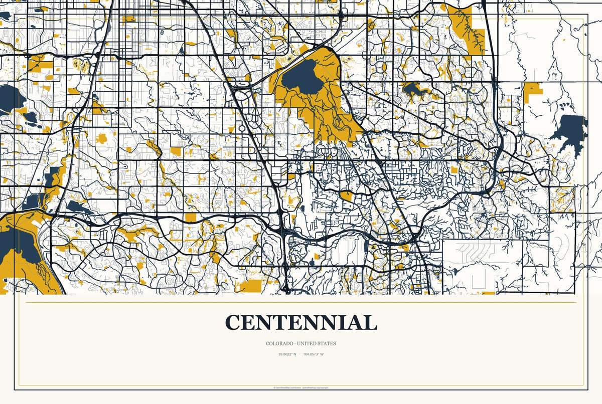 Centennial, Colorado City Map Aluminum Sign in Citrine Modern style