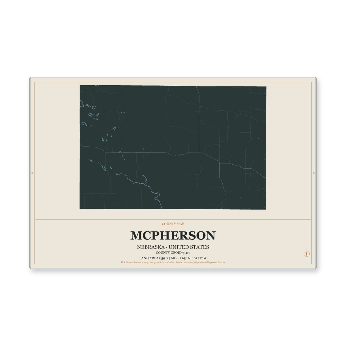 McPherson County, Nebraska Map Aluminum Sign in Headline Atlas style