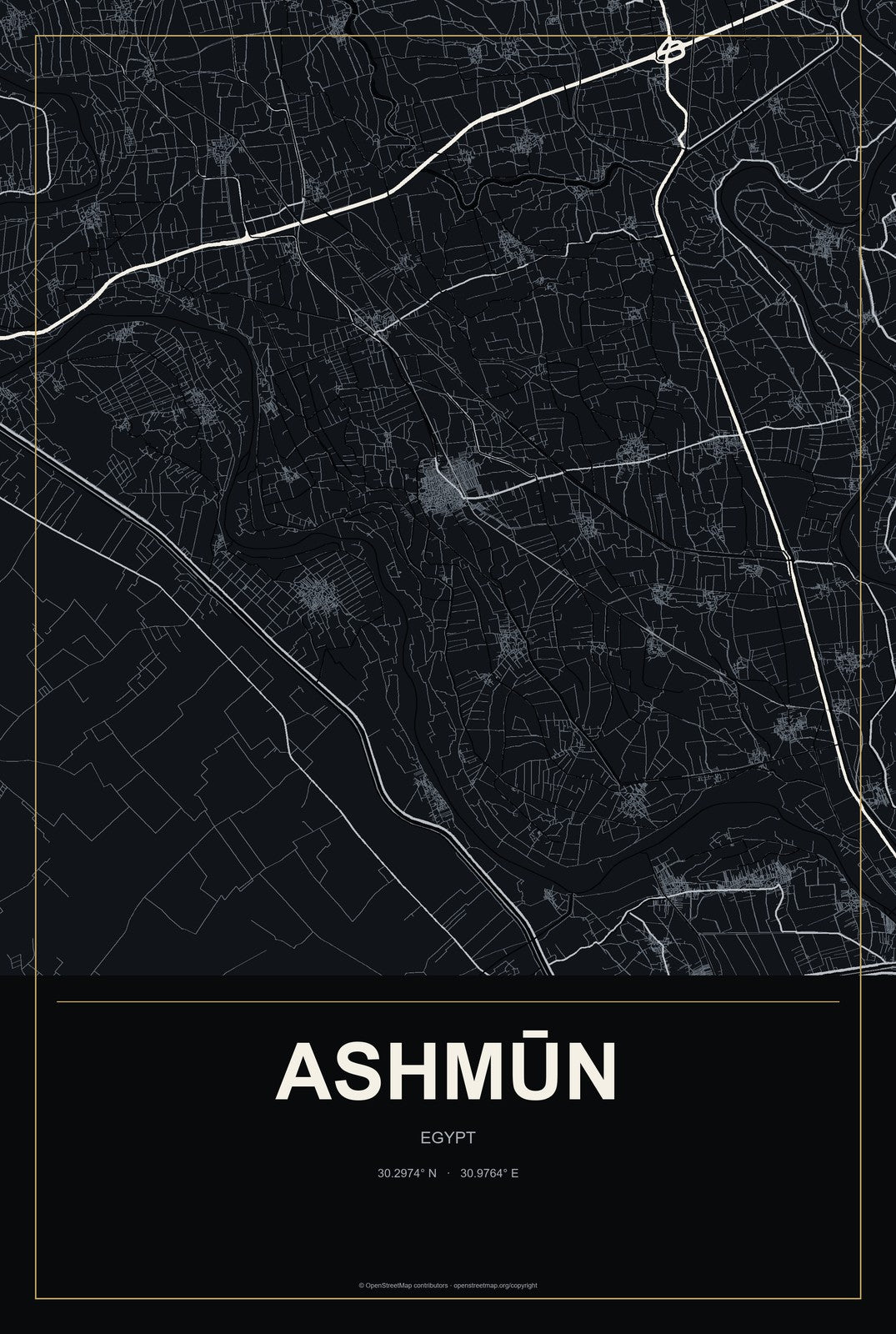 Ashmūn, Egypt City Map Aluminum Sign in Metropolitan Noir style