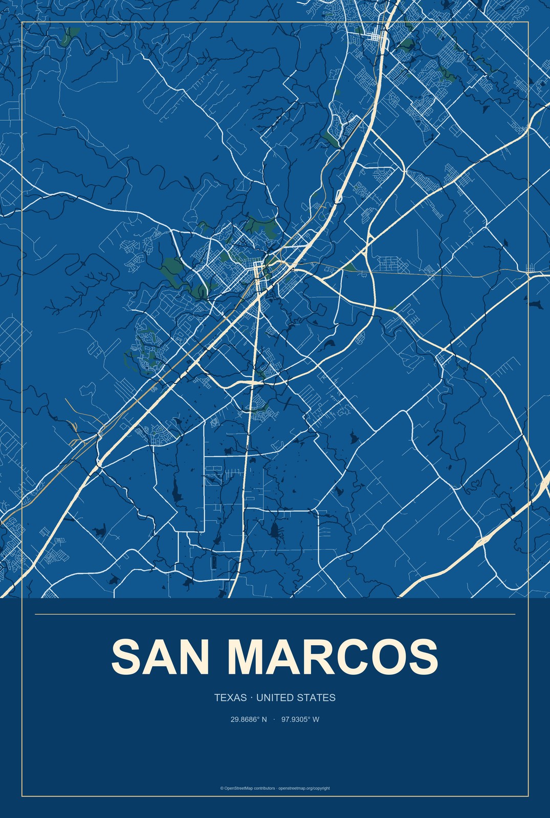 San Marcos, Texas City Map Aluminum Sign in Harbor Cobalt style